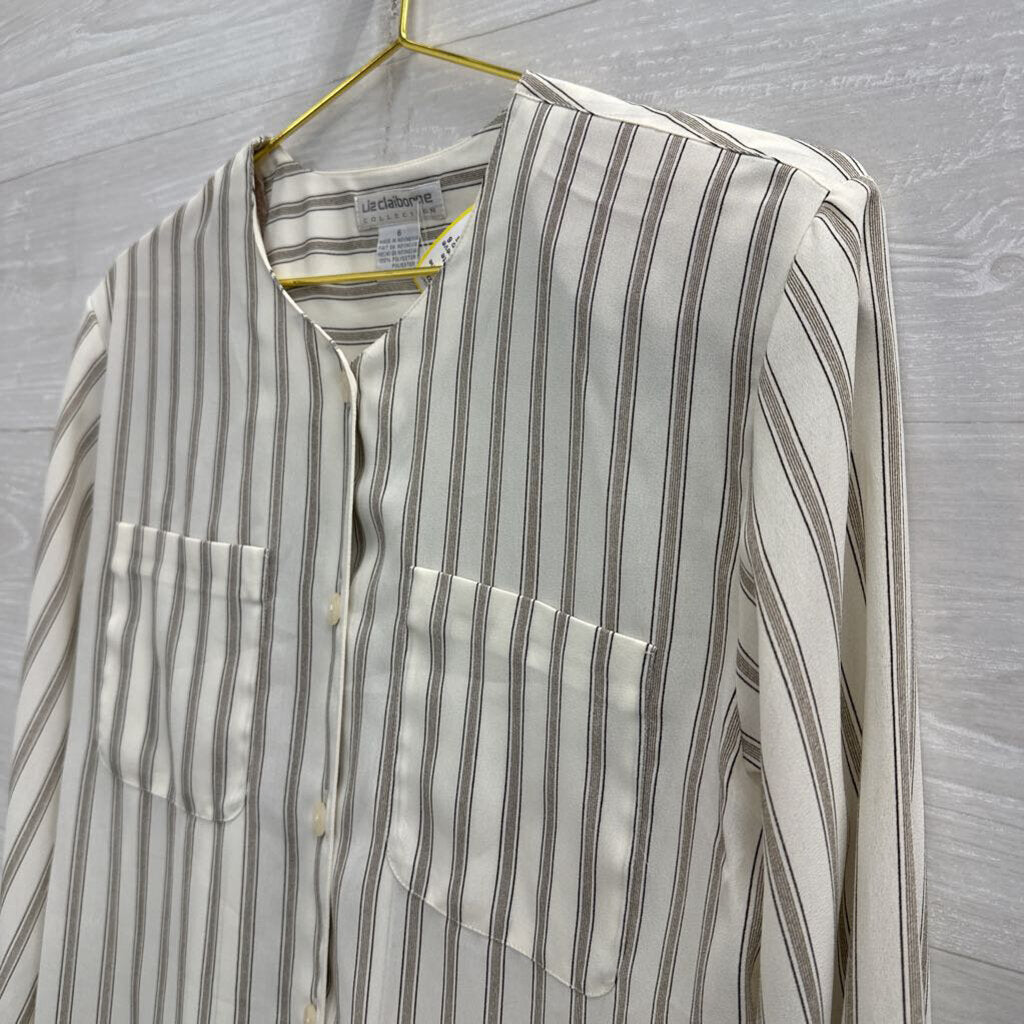 Vintage Liz Claiborne White Striped Long Sleeve Button Front Top 6
