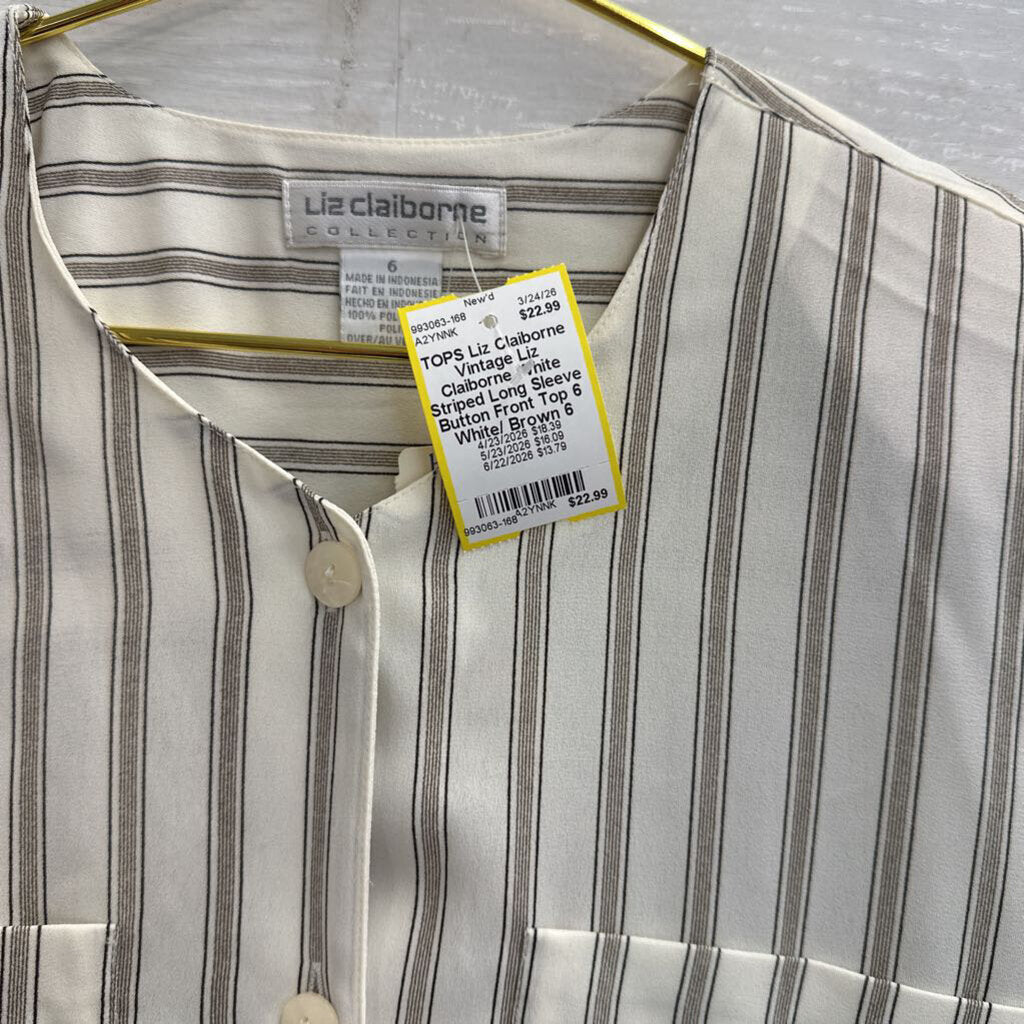 Vintage Liz Claiborne White Striped Long Sleeve Button Front Top 6