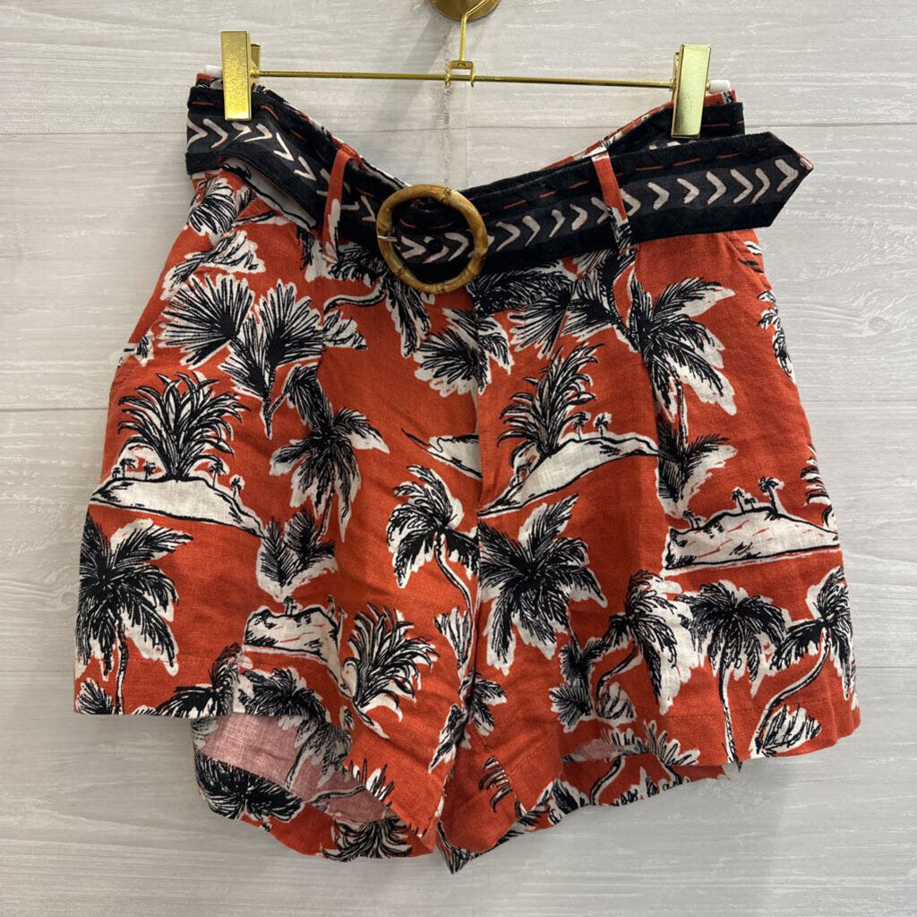 Tahari Orange/ White Print 100% Linen Belted Shorts 6