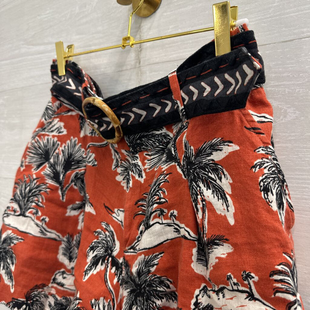 Tahari Orange/ White Print 100% Linen Belted Shorts 6