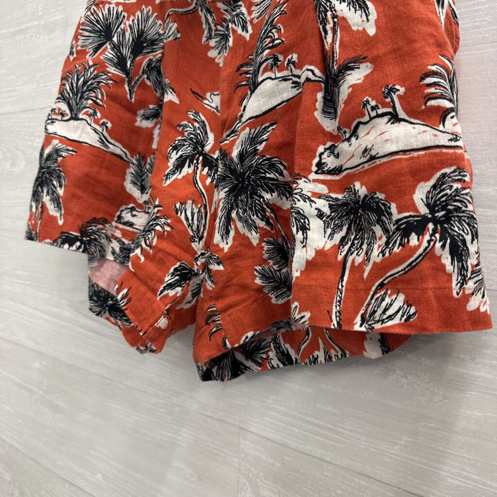 Tahari Orange/ White Print 100% Linen Belted Shorts 6
