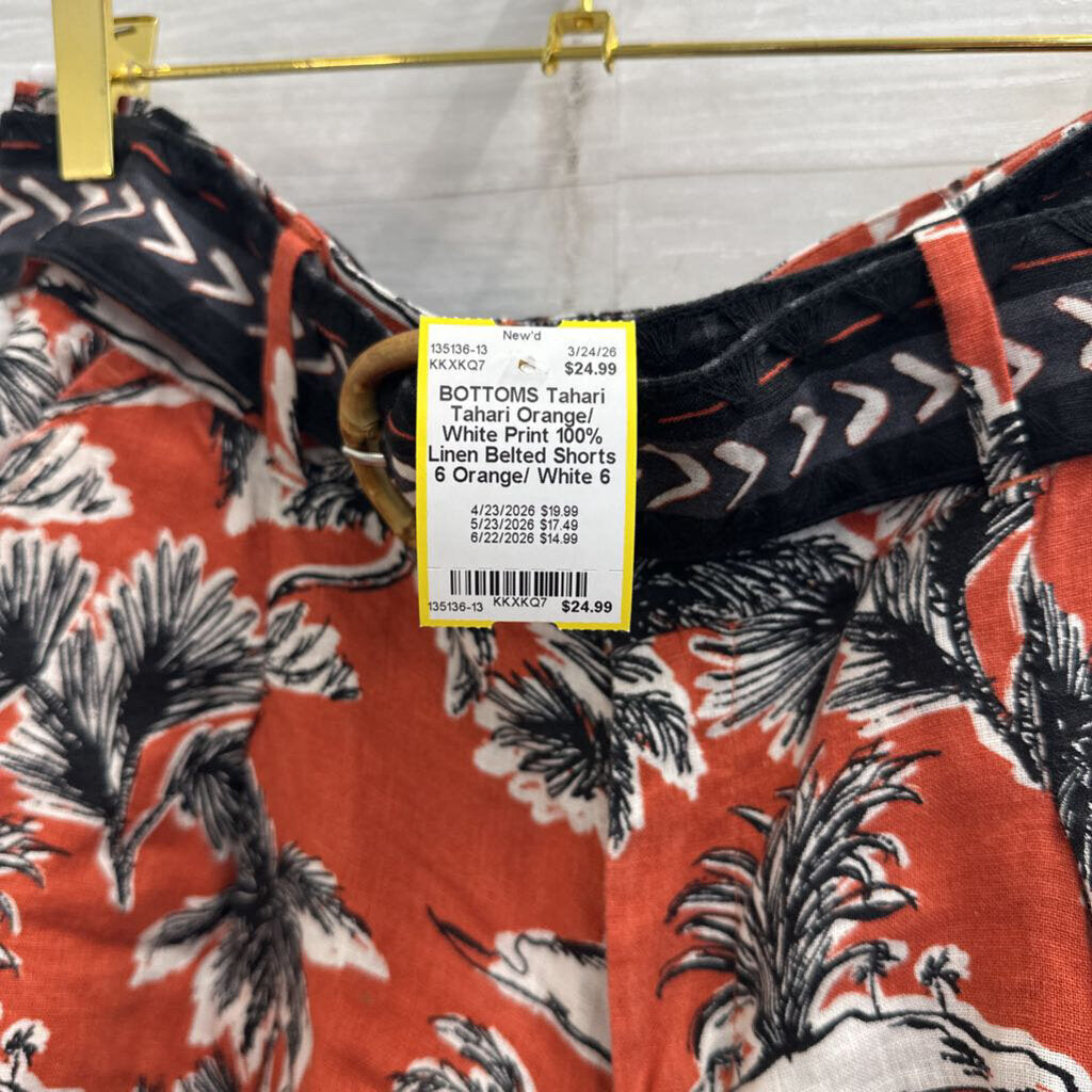 Tahari Orange/ White Print 100% Linen Belted Shorts 6
