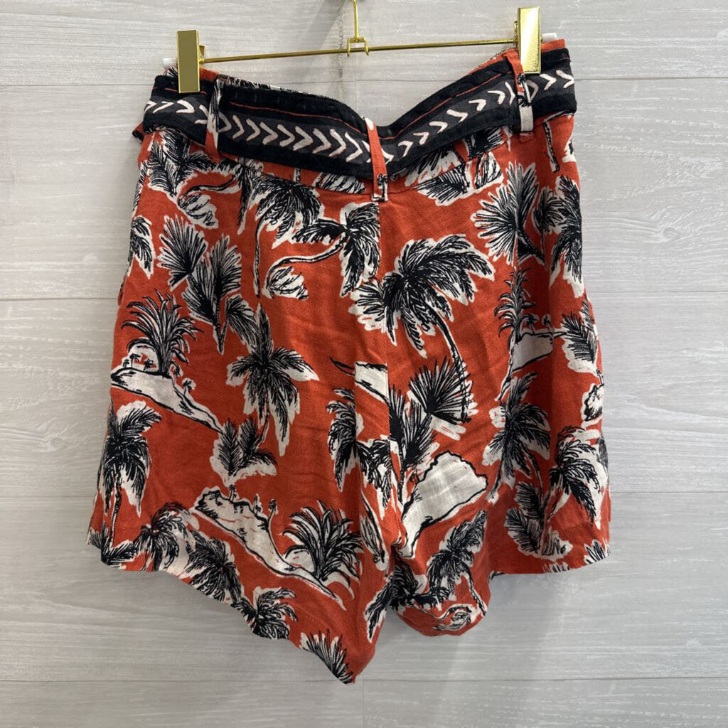 Tahari Orange/ White Print 100% Linen Belted Shorts 6
