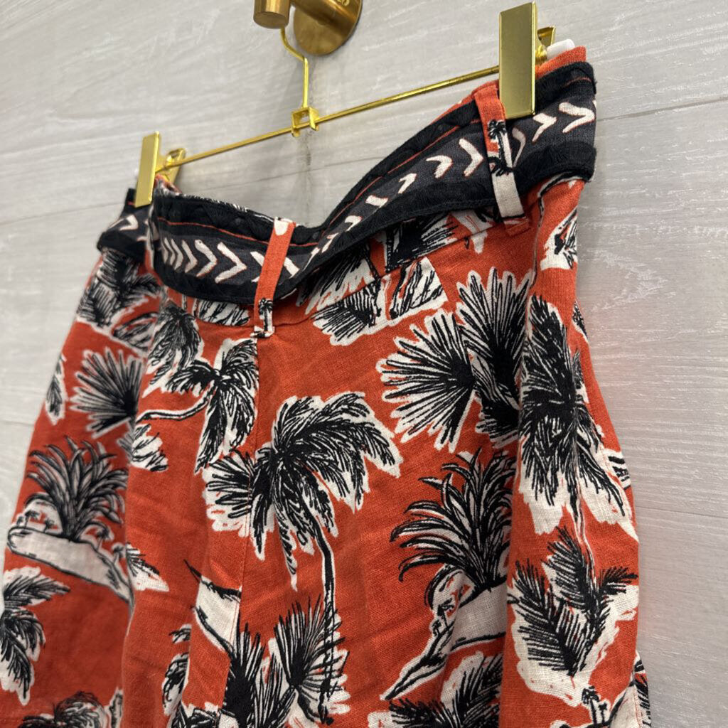 Tahari Orange/ White Print 100% Linen Belted Shorts 6