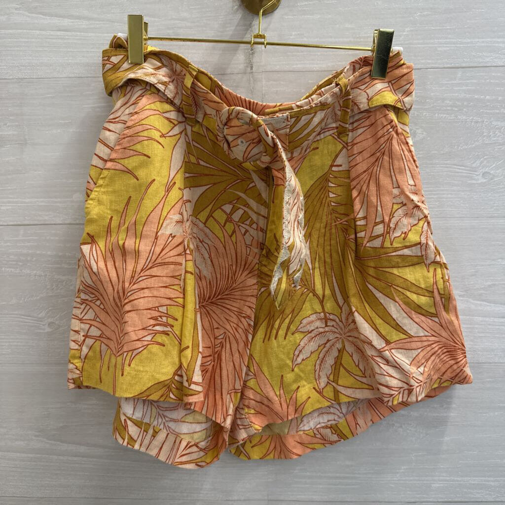 Tahari Biege/ Multi Print 100% Linen Belted Shorts 6