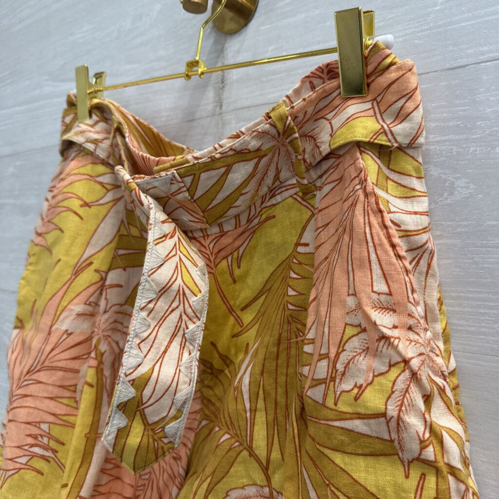 Tahari Biege/ Multi Print 100% Linen Belted Shorts 6