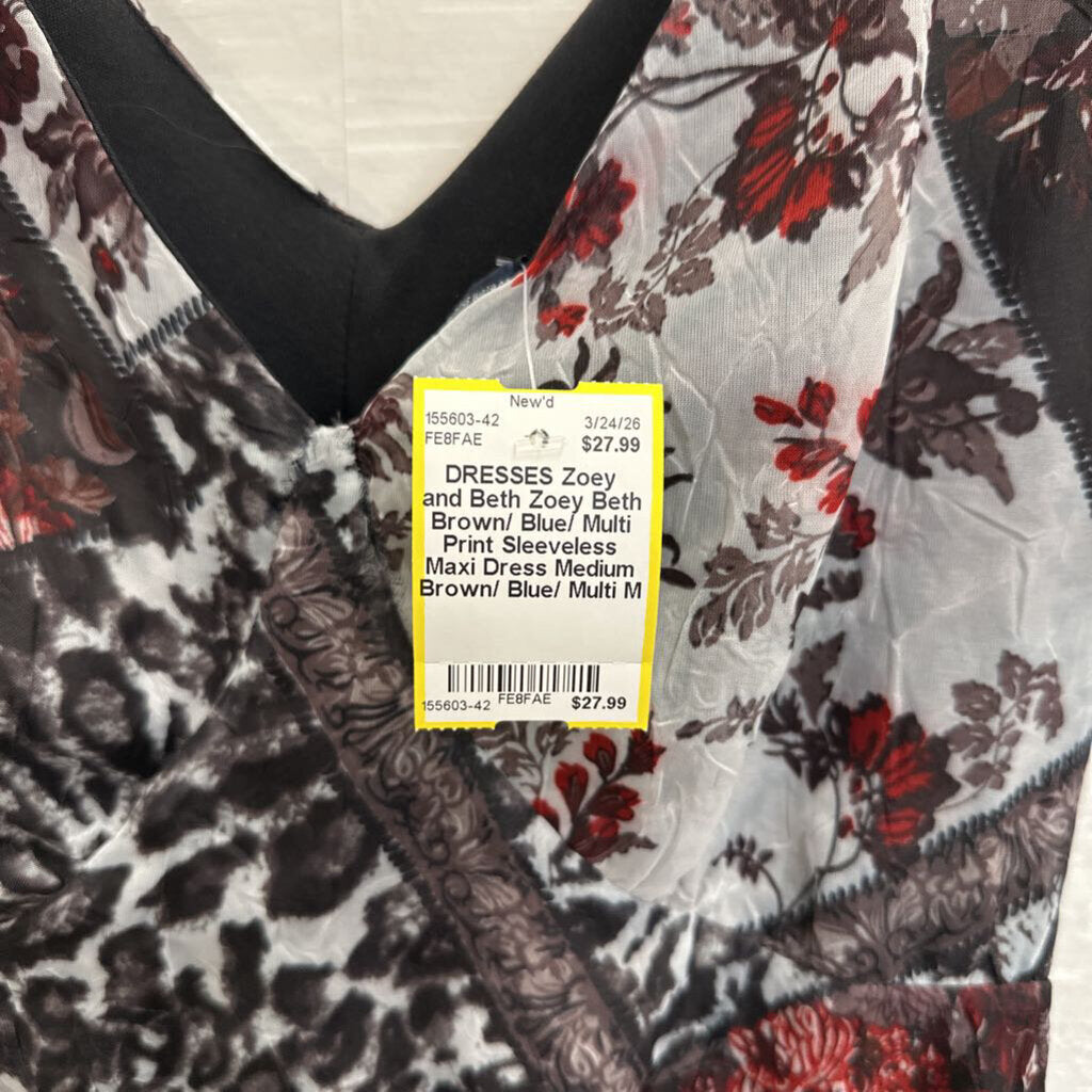Zoey Beth Brown/ Blue/ Multi Print Sleeveless Maxi Dress Medium