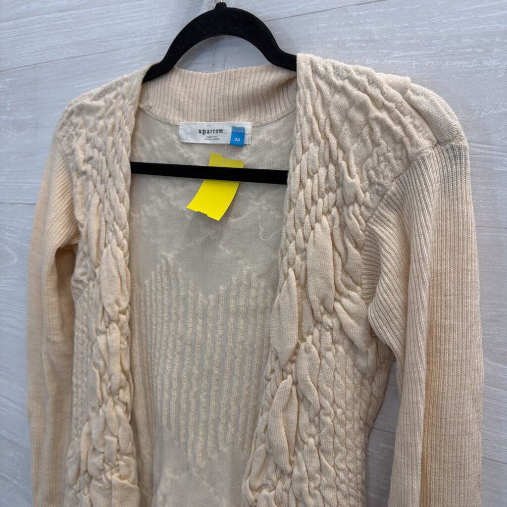 Sparrow Beige Textured Knit Open Front Sweater Medium