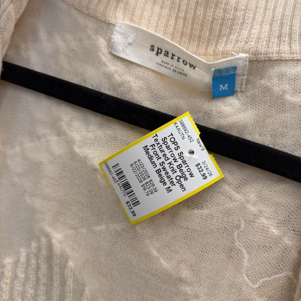Sparrow Beige Textured Knit Open Front Sweater Medium