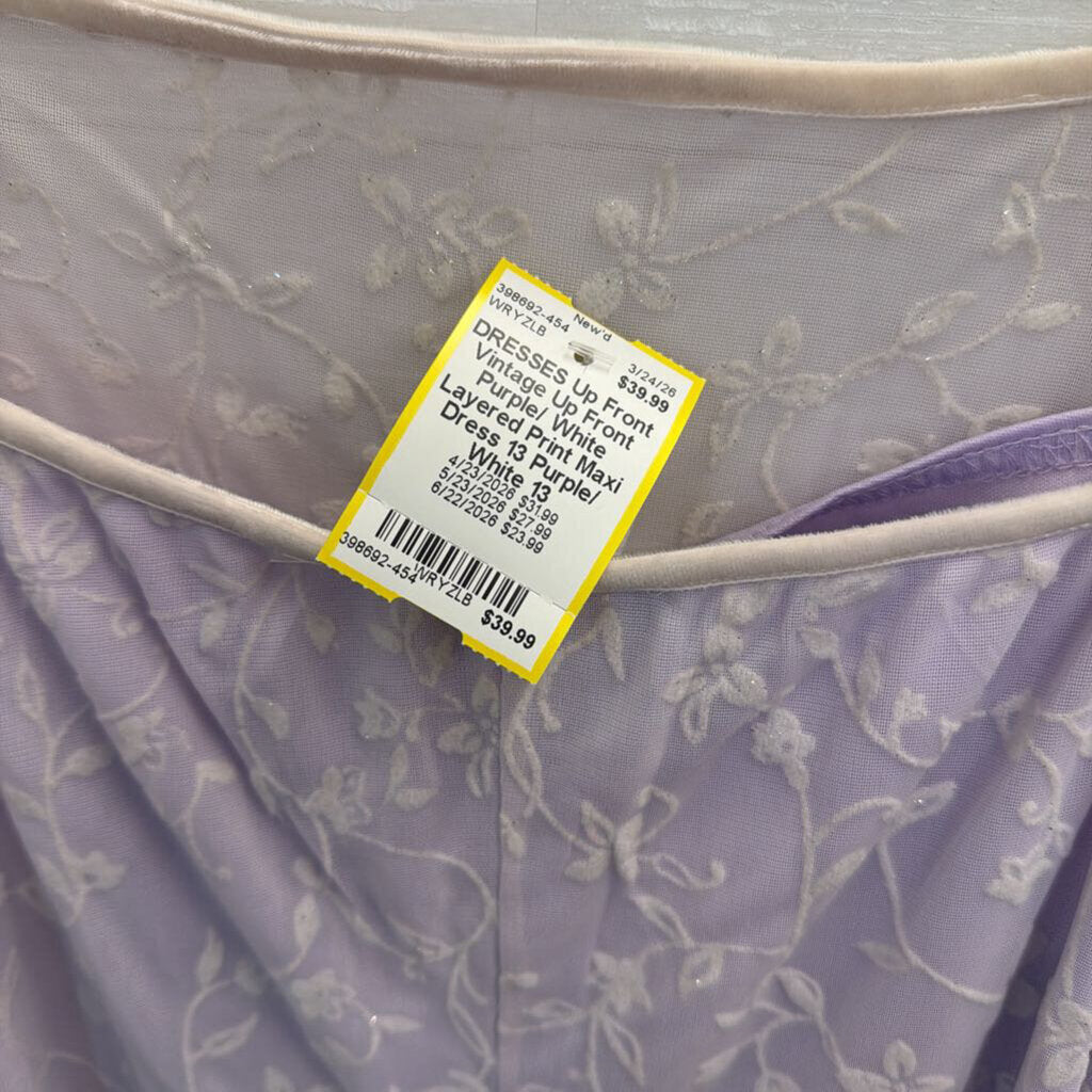 Vintage Up Front Purple/ White Layered Print Maxi Dress 13
