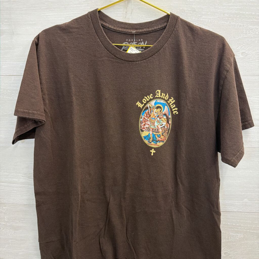 Popular Poison Brown/ Multi Love and Hate Short Sleeve Graphic Tee Large