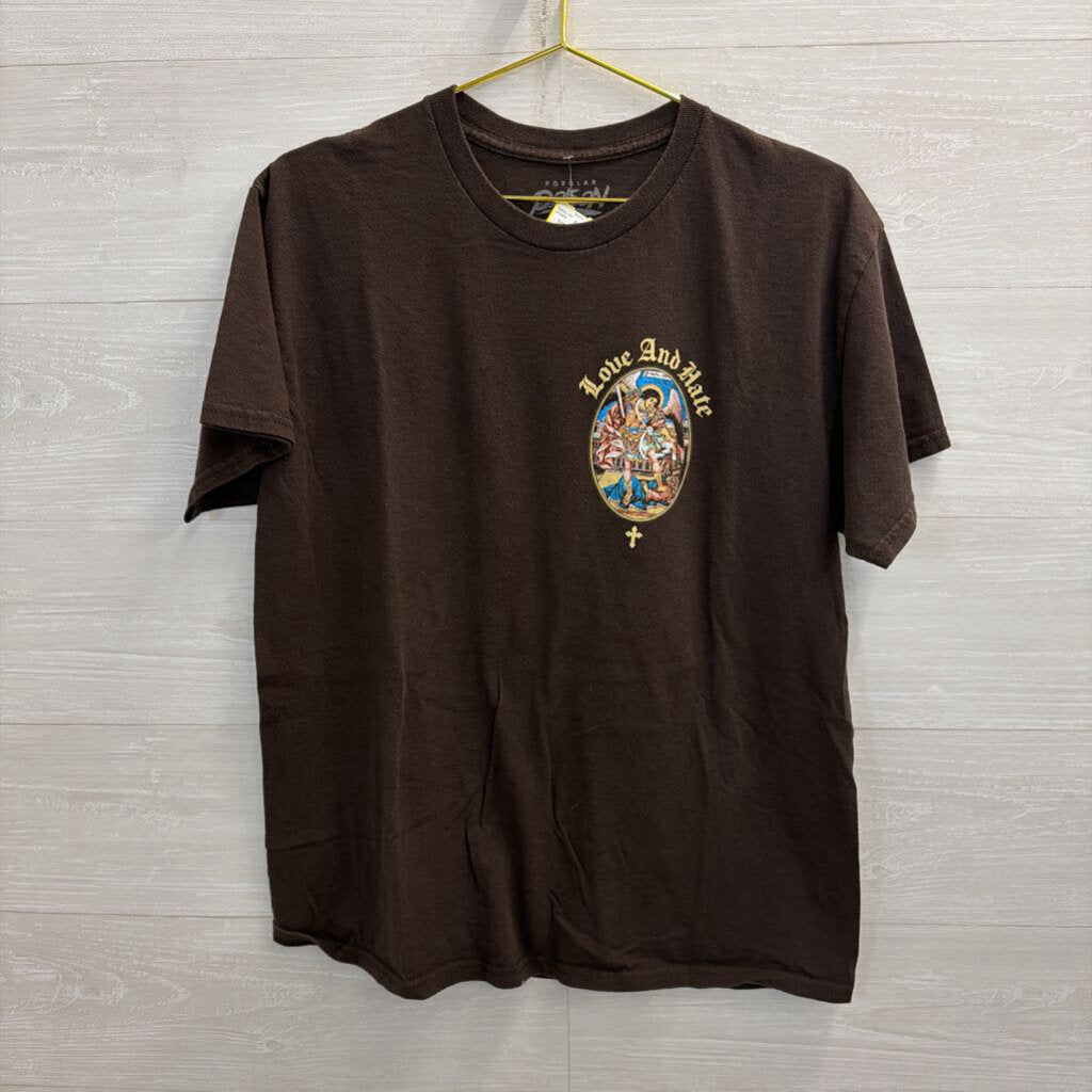 Popular Poison Brown/ Multi Love and Hate Short Sleeve Graphic Tee Large