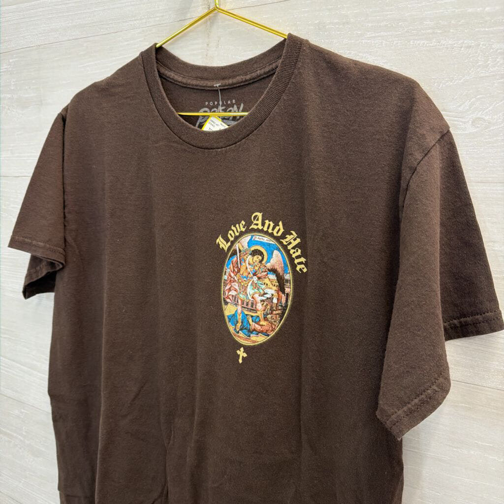 Popular Poison Brown/ Multi Love and Hate Short Sleeve Graphic Tee Large