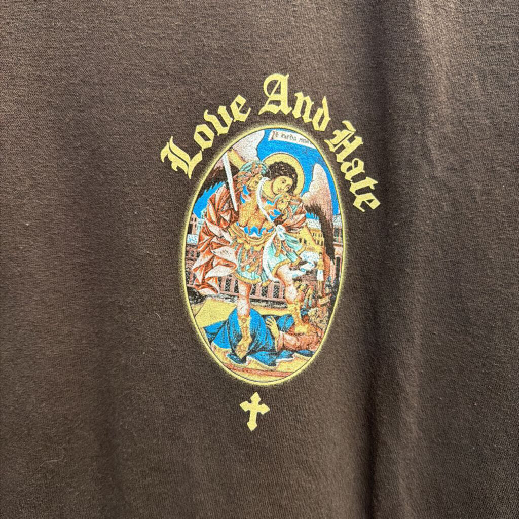 Popular Poison Brown/ Multi Love and Hate Short Sleeve Graphic Tee Large