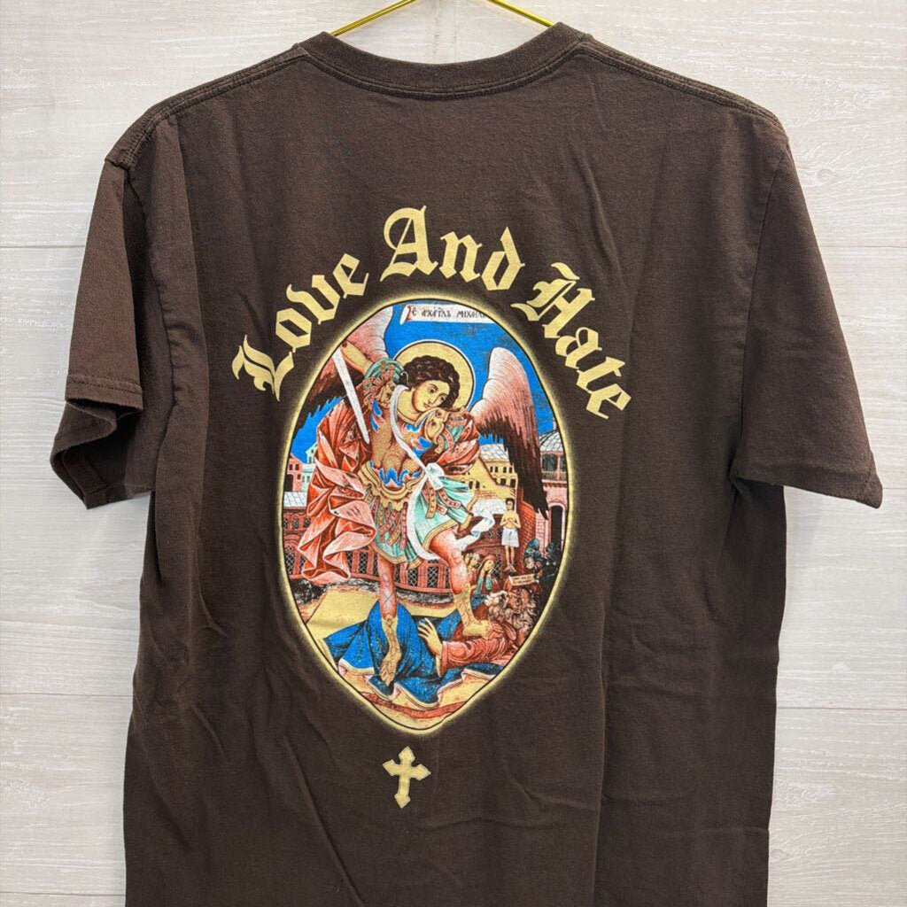 Popular Poison Brown/ Multi Love and Hate Short Sleeve Graphic Tee Large