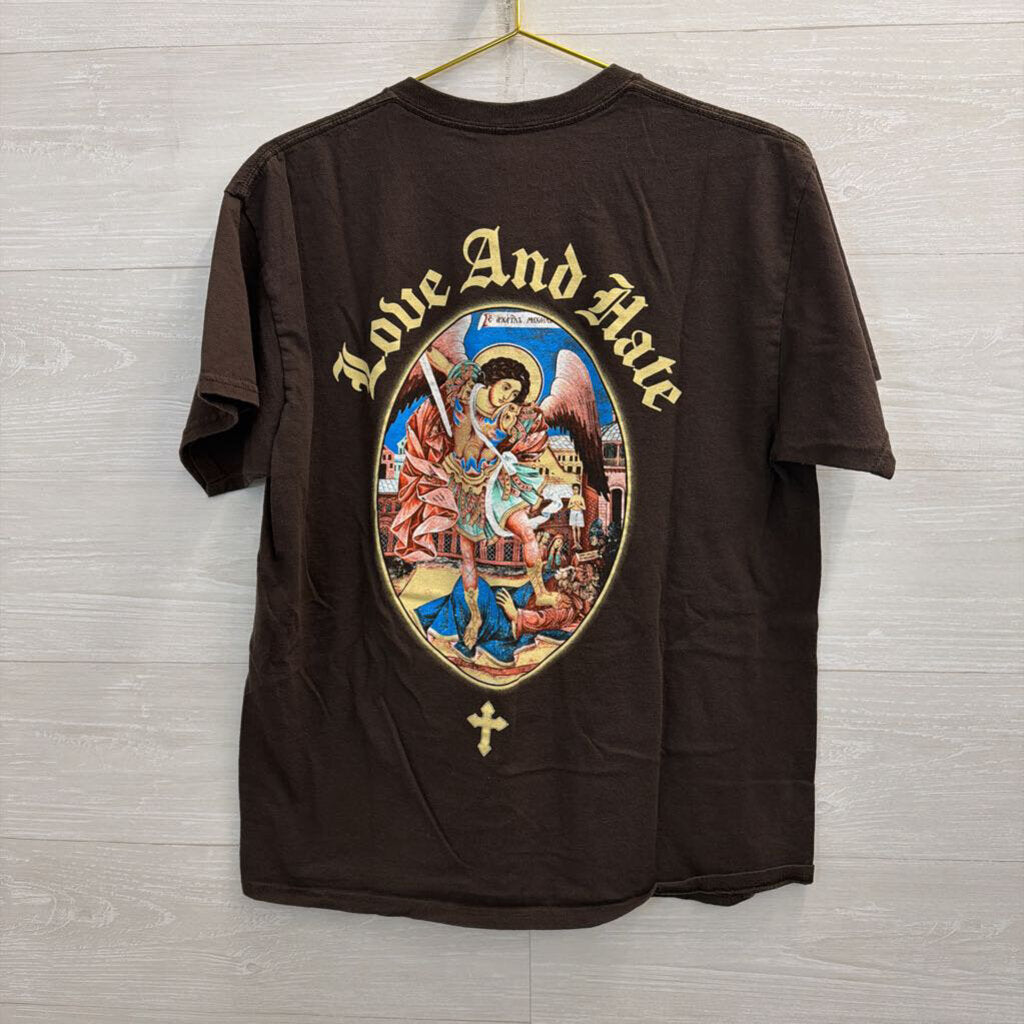 Popular Poison Brown/ Multi Love and Hate Short Sleeve Graphic Tee Large
