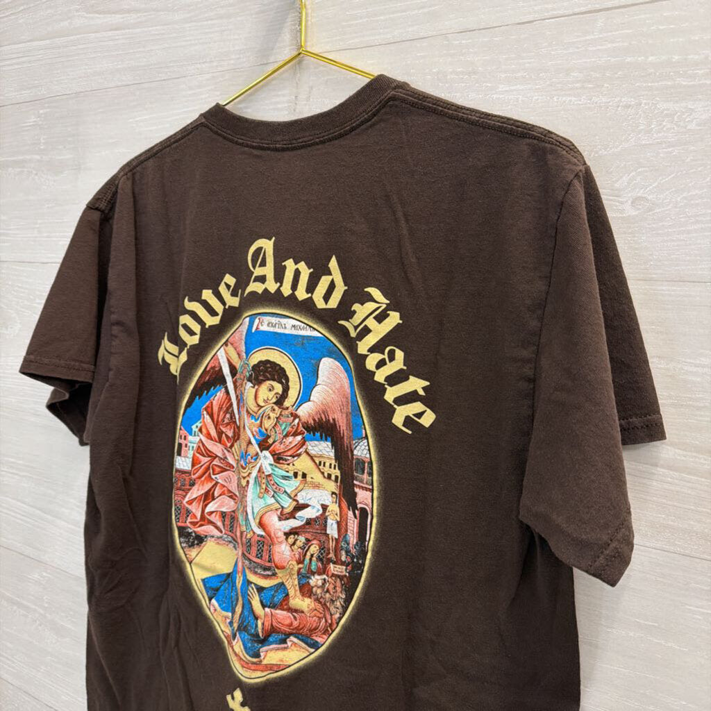 Popular Poison Brown/ Multi Love and Hate Short Sleeve Graphic Tee Large