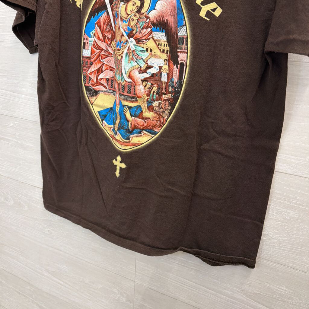 Popular Poison Brown/ Multi Love and Hate Short Sleeve Graphic Tee Large