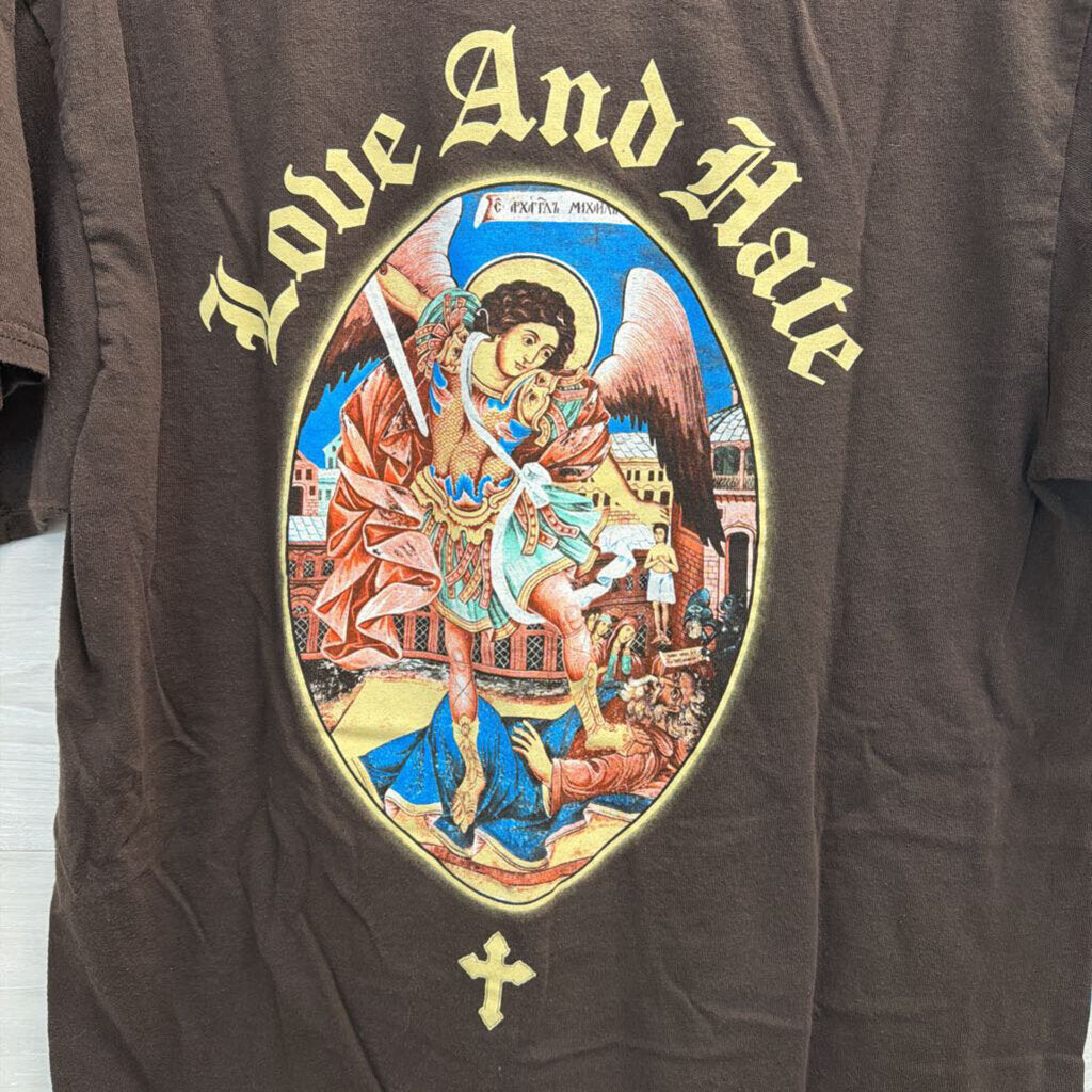 Popular Poison Brown/ Multi Love and Hate Short Sleeve Graphic Tee Large