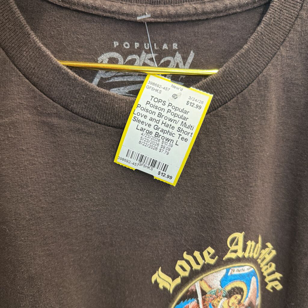 Popular Poison Brown/ Multi Love and Hate Short Sleeve Graphic Tee Large