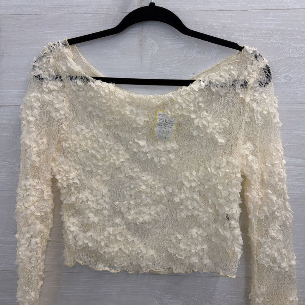 Cream Textured Lace Sheer Long Sleeve Top Medium