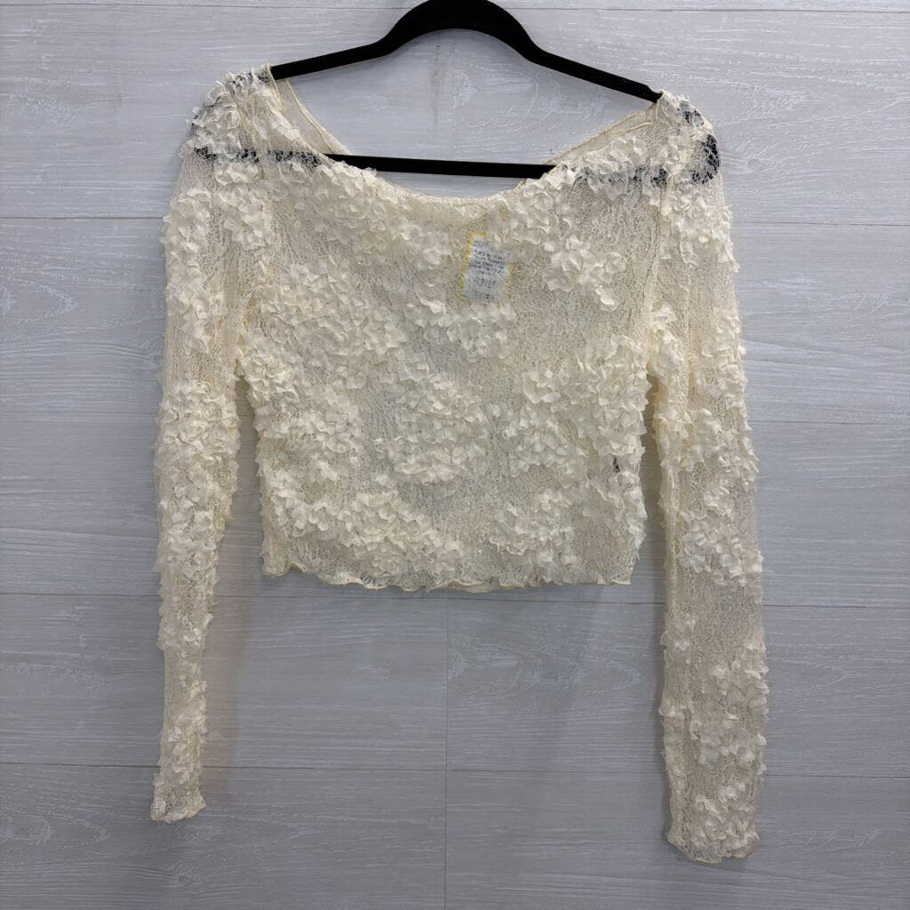 Cream Textured Lace Sheer Long Sleeve Top Medium