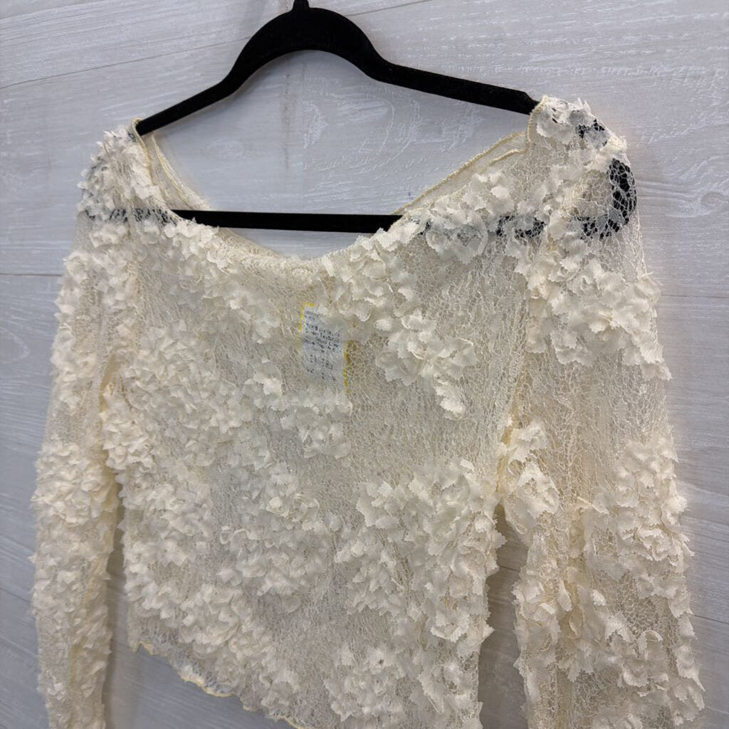 Cream Textured Lace Sheer Long Sleeve Top Medium
