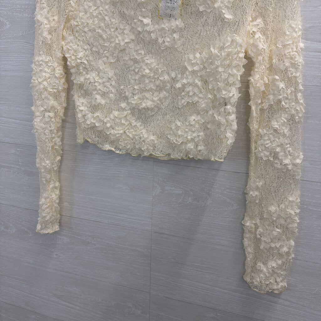 Cream Textured Lace Sheer Long Sleeve Top Medium