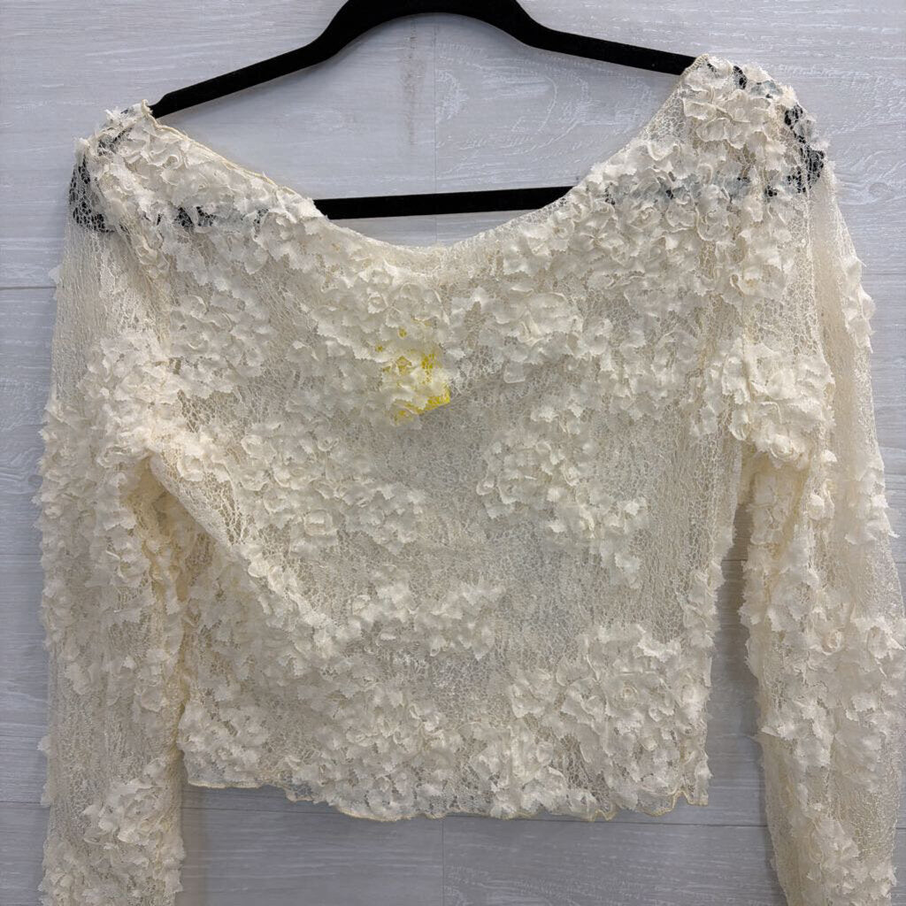 Cream Textured Lace Sheer Long Sleeve Top Medium