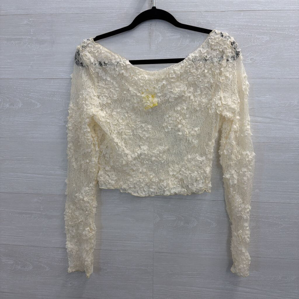 Cream Textured Lace Sheer Long Sleeve Top Medium