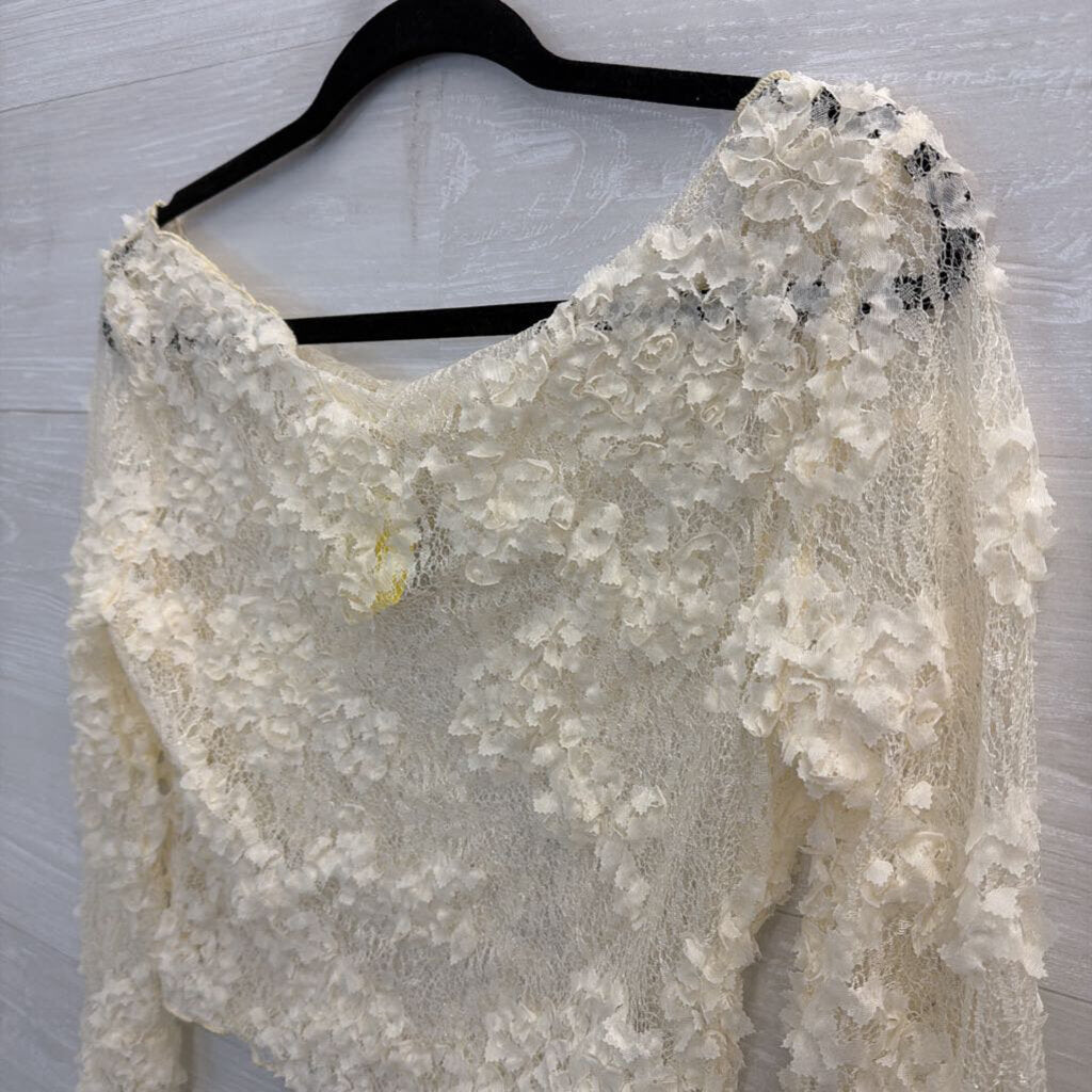 Cream Textured Lace Sheer Long Sleeve Top Medium