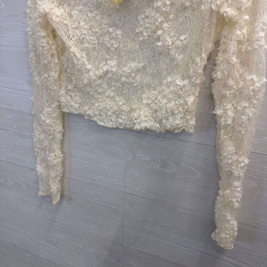 Cream Textured Lace Sheer Long Sleeve Top Medium