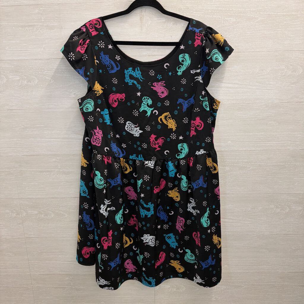 ModCloth Black/ Multi Zodiac Print Short Sleeve Dress Extra Large