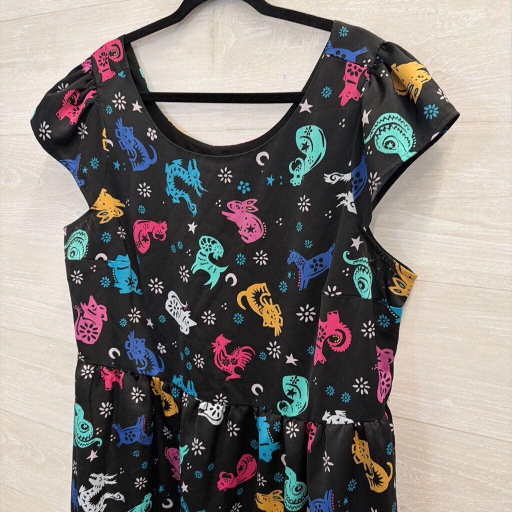 ModCloth Black/ Multi Zodiac Print Short Sleeve Dress Extra Large