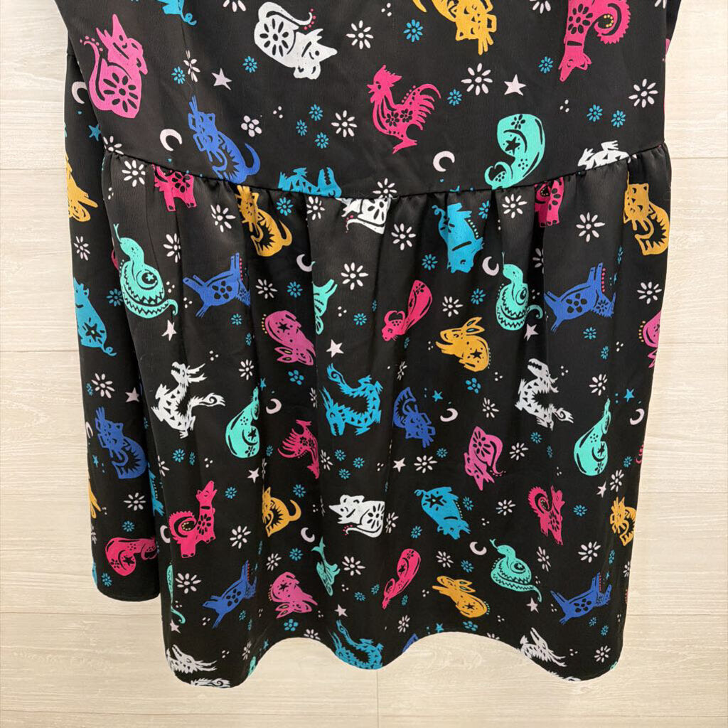 ModCloth Black/ Multi Zodiac Print Short Sleeve Dress Extra Large