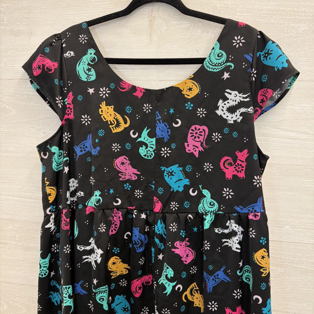 ModCloth Black/ Multi Zodiac Print Short Sleeve Dress Extra Large