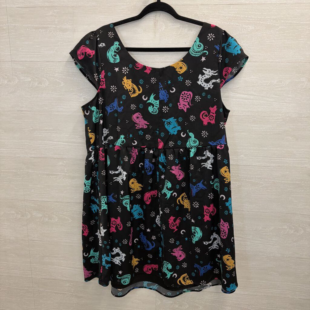 ModCloth Black/ Multi Zodiac Print Short Sleeve Dress Extra Large