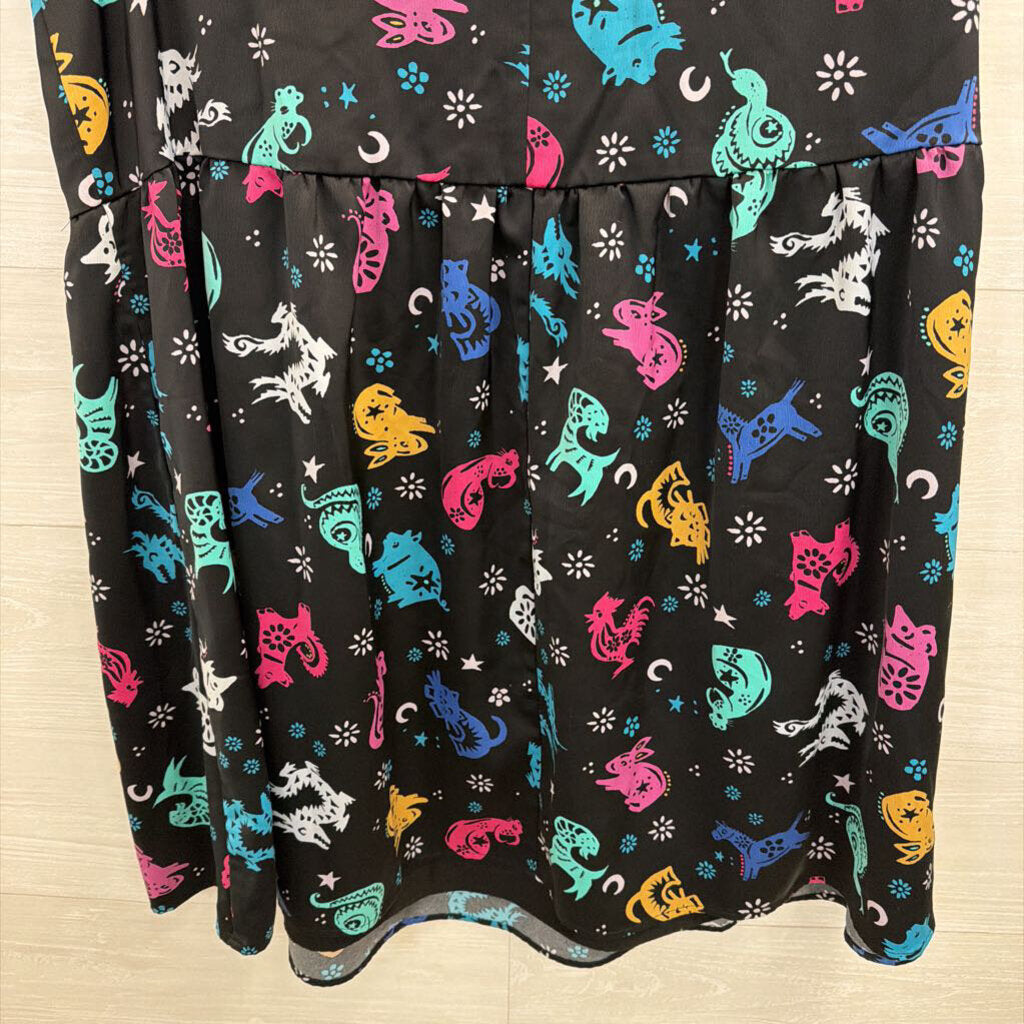 ModCloth Black/ Multi Zodiac Print Short Sleeve Dress Extra Large