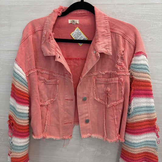 POL Pink Cropped Denim Jacket With Stripe Knit Sleeves Large