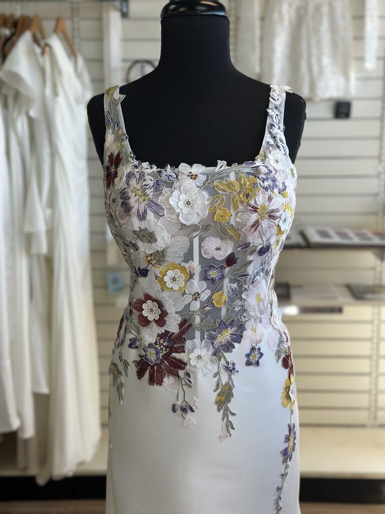 Ivory Sateen Twill with Colorful Floral Embroidery 10/12