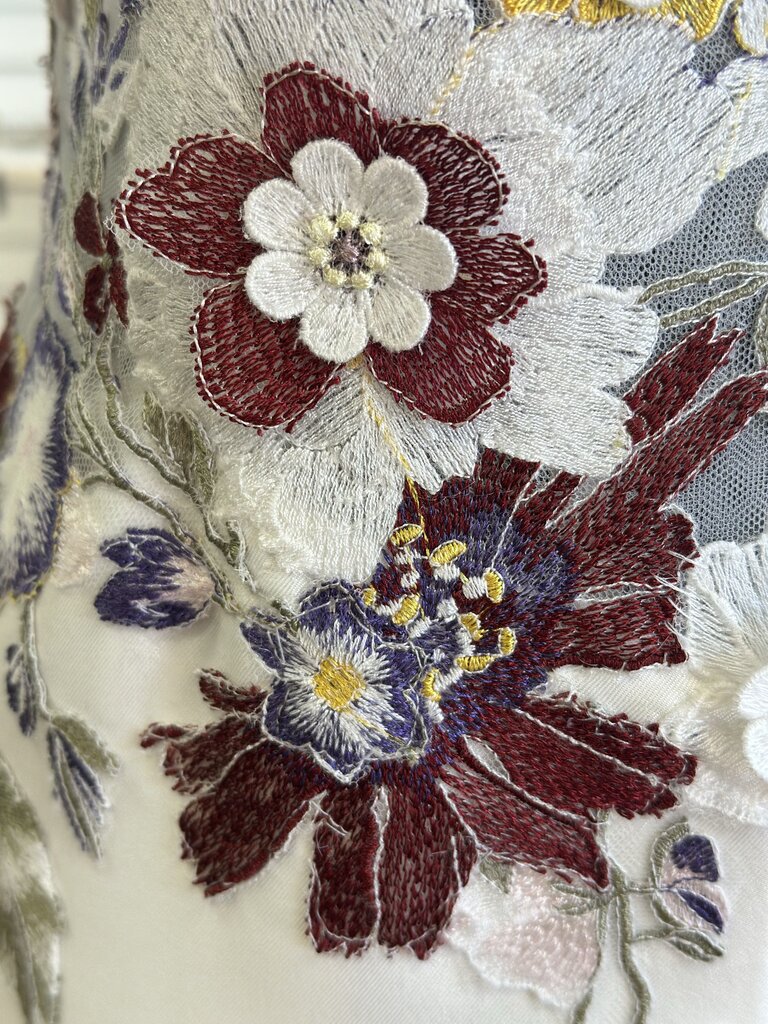Ivory Sateen Twill with Colorful Floral Embroidery 10/12