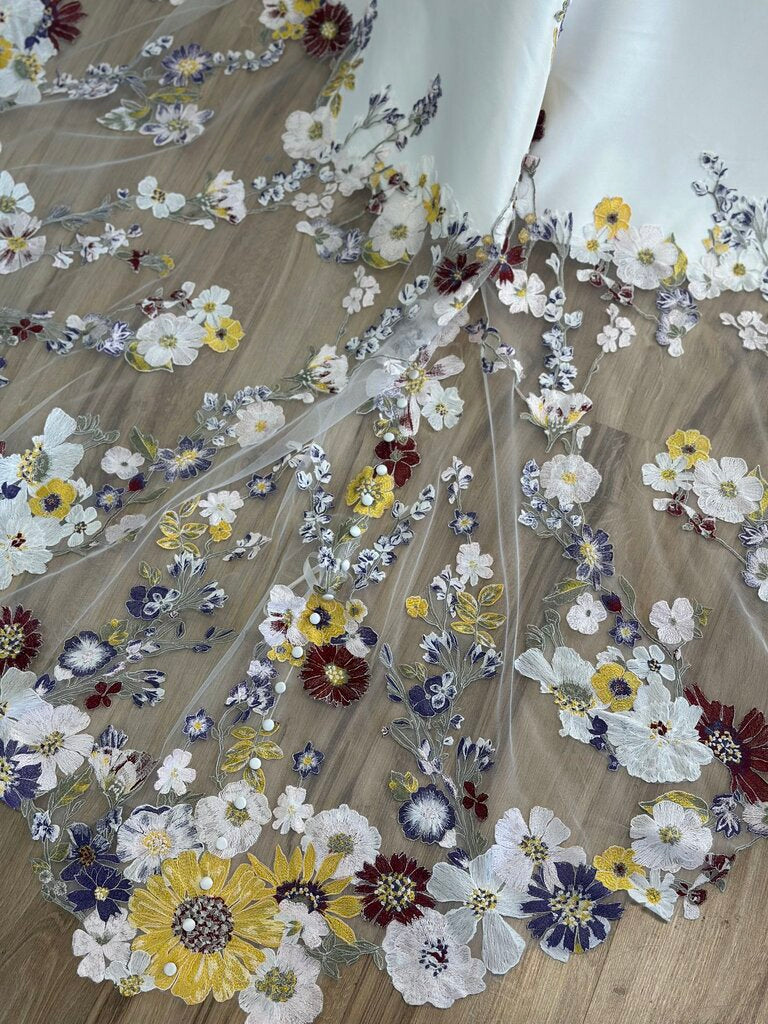 Ivory Sateen Twill with Colorful Floral Embroidery 10/12