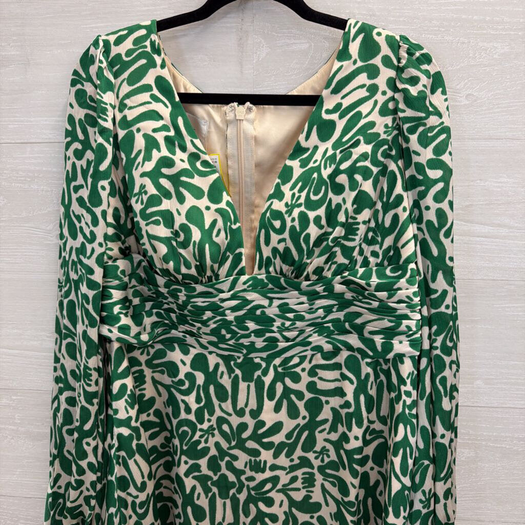 Azazie Atelier Green/ Cream Print Silky Long Sleeve Mini Dress 16