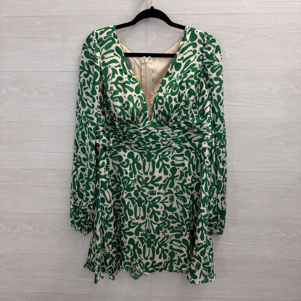 Azazie Atelier Green/ Cream Print Silky Long Sleeve Mini Dress 16