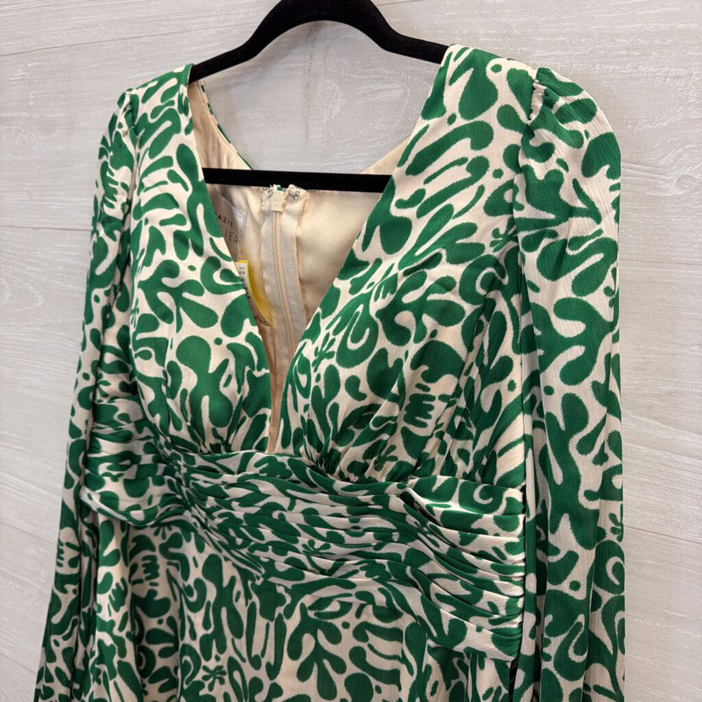 Azazie Atelier Green/ Cream Print Silky Long Sleeve Mini Dress 16