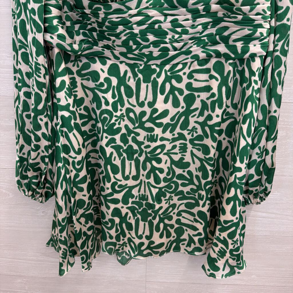 Azazie Atelier Green/ Cream Print Silky Long Sleeve Mini Dress 16