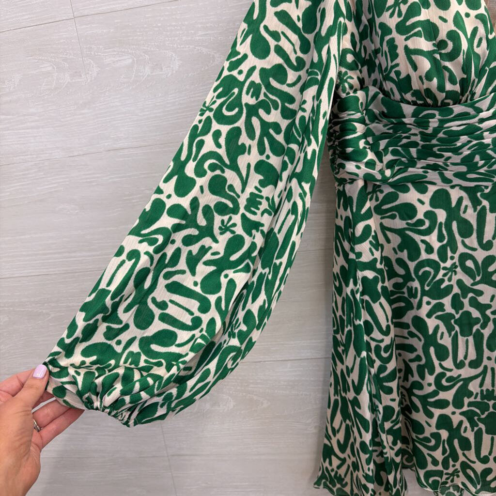 Azazie Atelier Green/ Cream Print Silky Long Sleeve Mini Dress 16