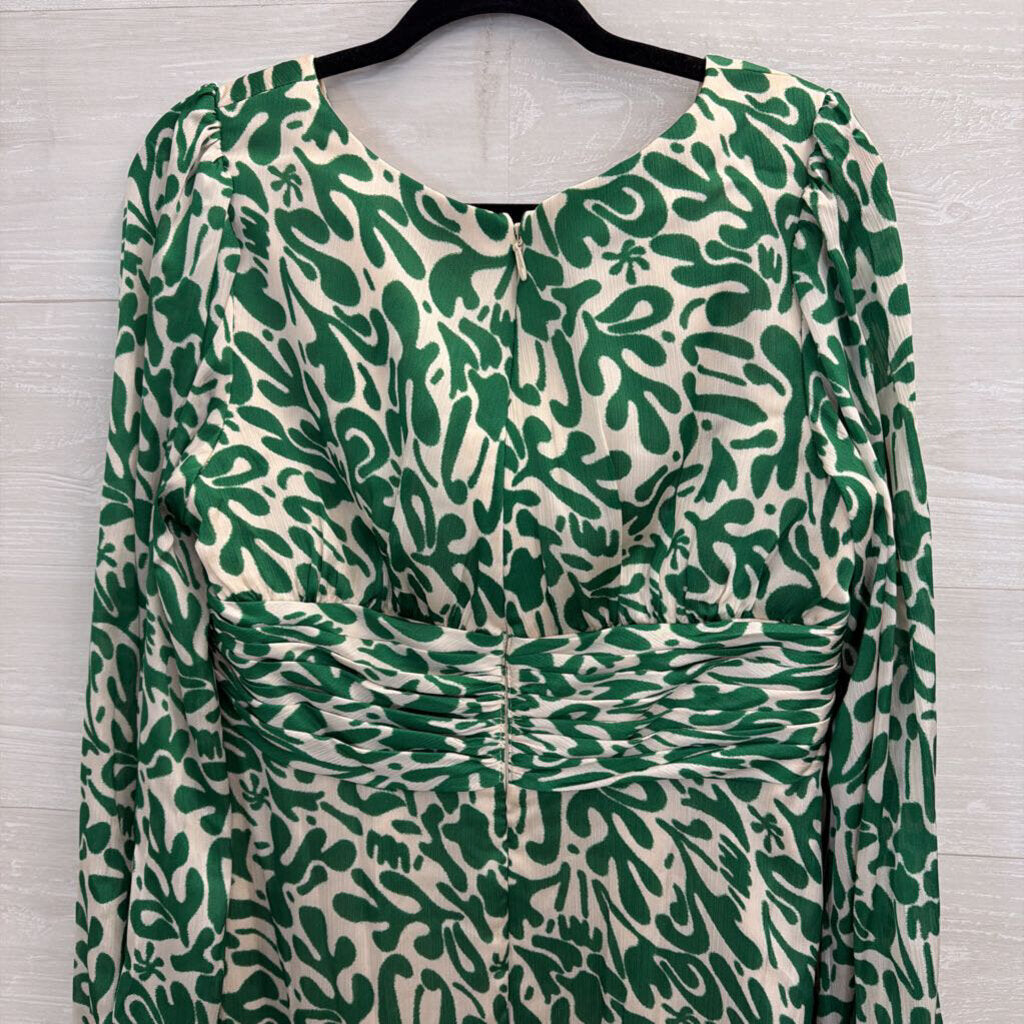 Azazie Atelier Green/ Cream Print Silky Long Sleeve Mini Dress 16
