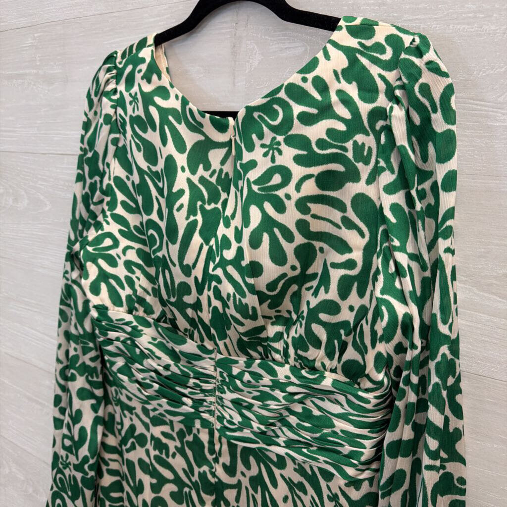 Azazie Atelier Green/ Cream Print Silky Long Sleeve Mini Dress 16