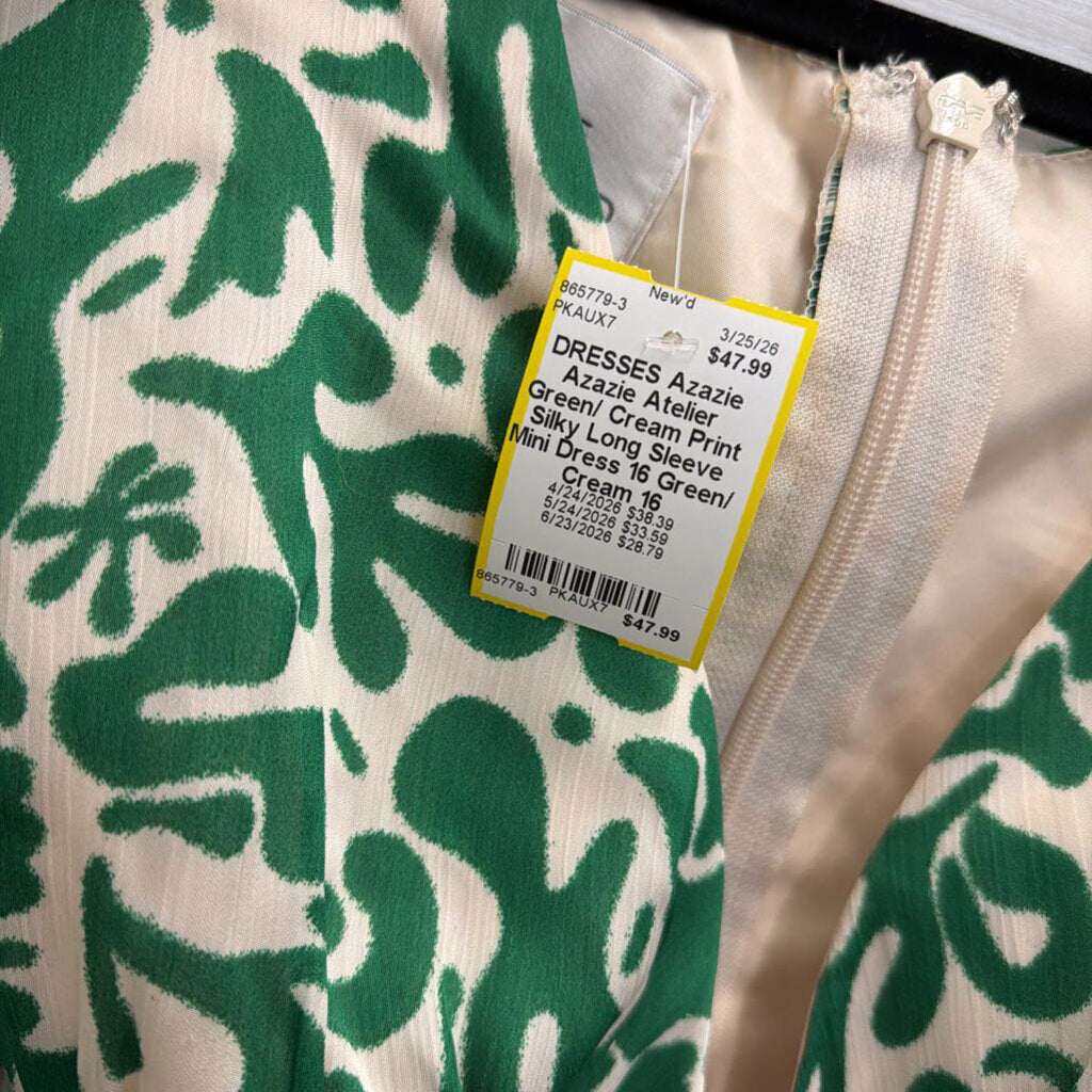 Azazie Atelier Green/ Cream Print Silky Long Sleeve Mini Dress 16